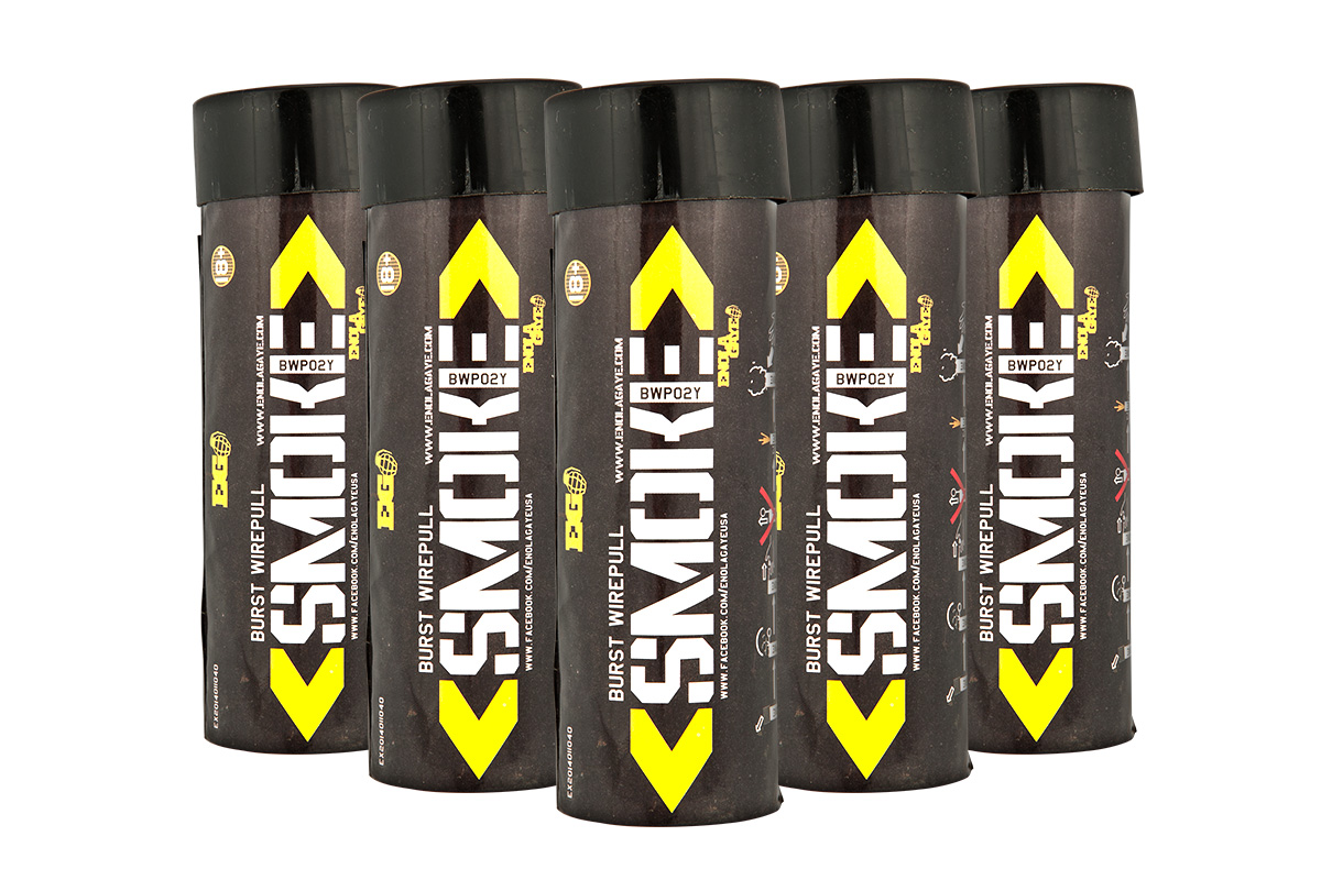 Enola Gaye Pack of 5 Twin Vent Burst High Output Airsoft Wire Pull Smoke Grenade (Color: Yellow)
