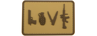 Love-Pistol, Grenade, Knife, Rifle" PVC Patch (Color: Coyote Tan) Love-Pistol, Grenade, Knife, Rifle" PVC Patch (Color: Coyote Tan)