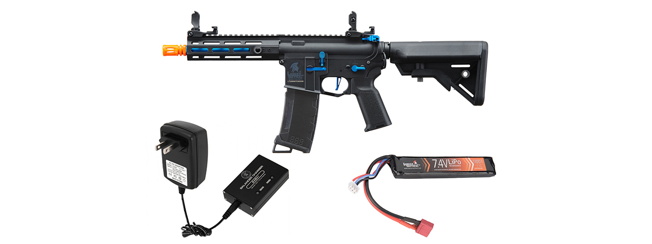 Lancer Tactical Gen 3 Hellion 7" M-LOK Airsoft AEG Rifle w/ Crane Stock w/ Battery/Charger Bundle - (Black/Blue)