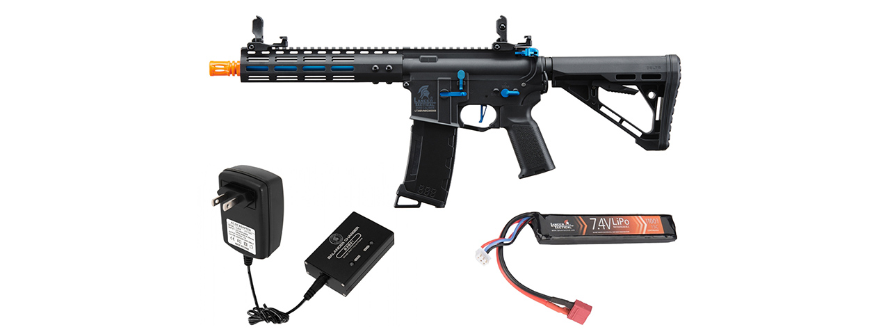 Lancer Tactical Gen 3 Archon 9" M-LOK M4 Airsoft Rifle w/ Delta Stock w/ Battery/Charger Bundle - (Black/Blue)
