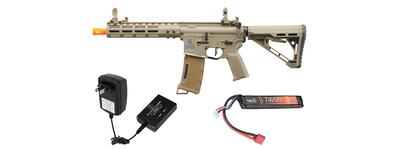 Lancer Tactical Gen 3 Archon 9" M-LOK M4 Airsoft Rifle w/ Delta Stock w/ Battery/Charger Bundle - (Tan)