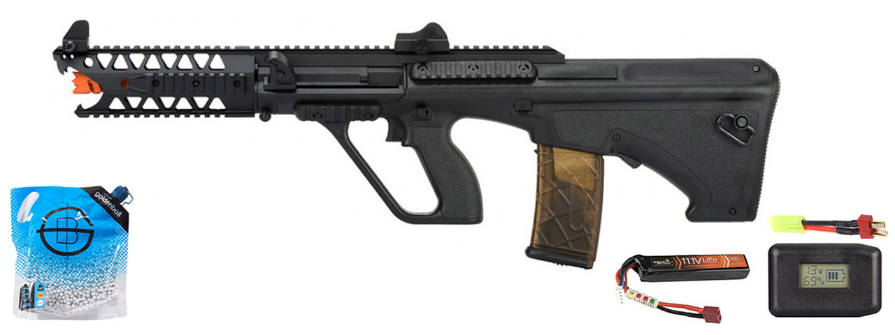 Army Armament Aug 7" Raptor Aeg Airsoft Rifle - Battery/Adapter/Charger Combo - (Black)