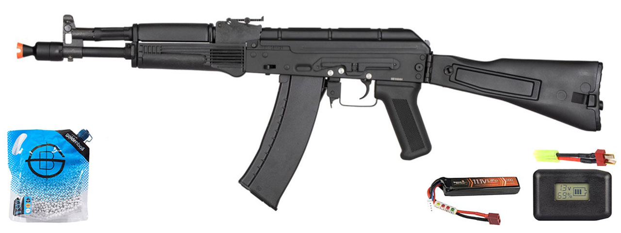 Double Bell Ak-105 Airsoft Aeg Rifle W/ Foldable Stock - Battery/Adapter/Charger Combo - (Black)