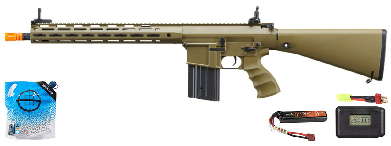 Golden Eagle Airsoft SR-25K W/ URX4 M-LOK Handguard & Full Stock - Battery/Adapter/Charger Combo - Tan