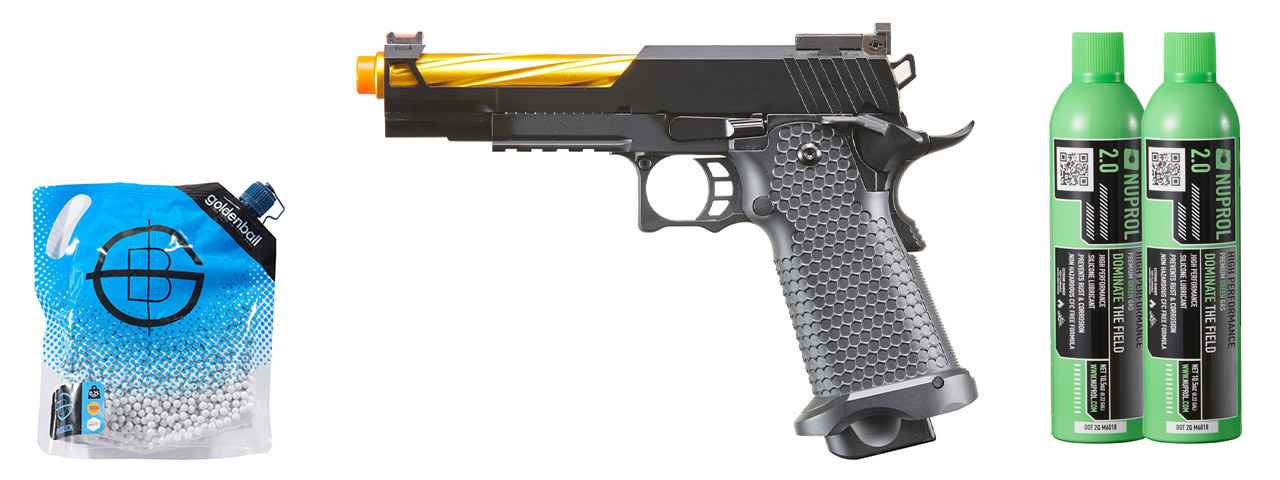 Golden Eagle 3337 OTS .45 Hi-Capa Gas Blowback Open Slide Pistol - Green Gas Combo - (Black/Gold)