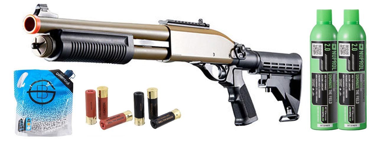 Golden Eagle M8871 3/6-Shot Pump Action Gas Airsoft Shotgun w/ Ghost Ring Iron Sights & M4 Crane Stock Shell/Green Gas Combo - (Tan)