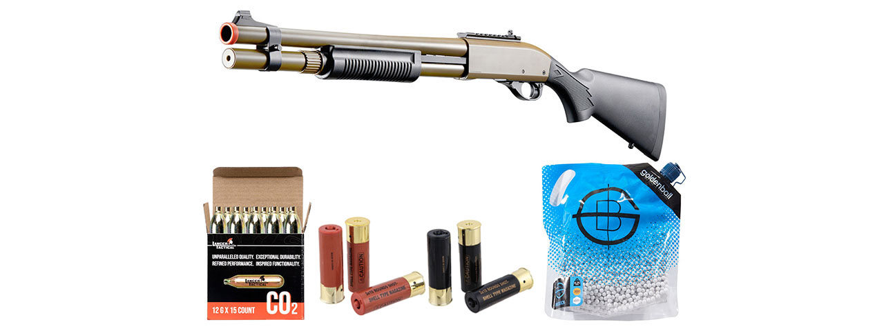 Golden Eagle M870 3/6-Shot Pump Action CO2 Airsoft Shotgun w/ Mock Shell Tube & Ghost Ring Iron Sights - Shell/CO2 Combo - (Tan)