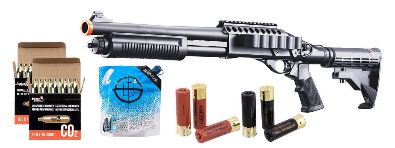 Golden Eagle M8873 3/6-shot Pump Action Co2 Airsoft Shotgun W/ Optic Rail & M4 Crane Stock - CO2/Shell Combo - (Black)