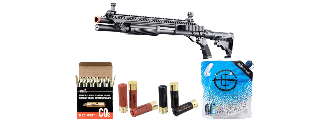 Golden Eagle M8874 3/6-Shot Pump Action CO2 Airsoft Shotgun w/ Flip Up Sights, Picatinny Rail & M4 Crane Stock - Shell/CO2 Combo - (Black)