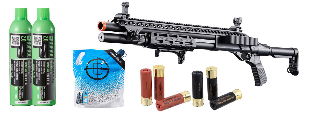 Golden Eagle M8875 3/6-shot Pump Action Gas Airsoft Shotgun W/ Flip Up Sights, M-lok, Picatinny Rail & M4 Buffer Stock - Green Gas/Shell Combo - (Black)