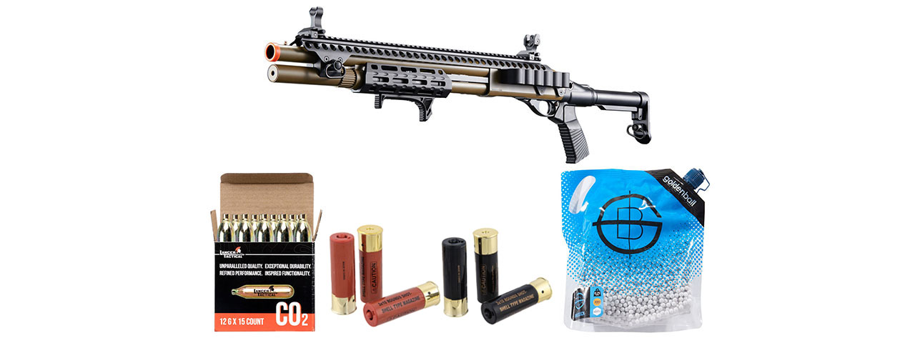 Golden Eagle M8875 3/6-Shot Pump Action CO2 Airsoft Shotgun w/ Flip Up Sights, M-LOK, Picatinny Rail & M4 Buffer Stock - Shell/CO2 Combo - (Tan)