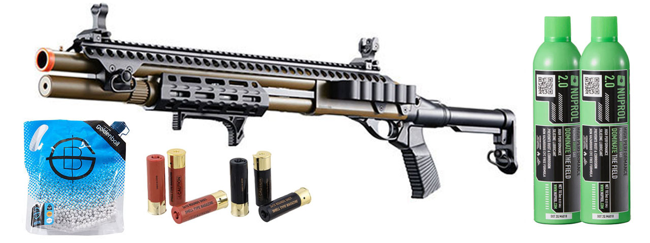 Golden Eagle M8875 3/6-Shot Pump Action Gas Airsoft Shotgun w/ Flip Up Sights, M-LOK, Picatinny Rail & M4 Buffer Stock - Shell/Green Gas Combo - (Tan)