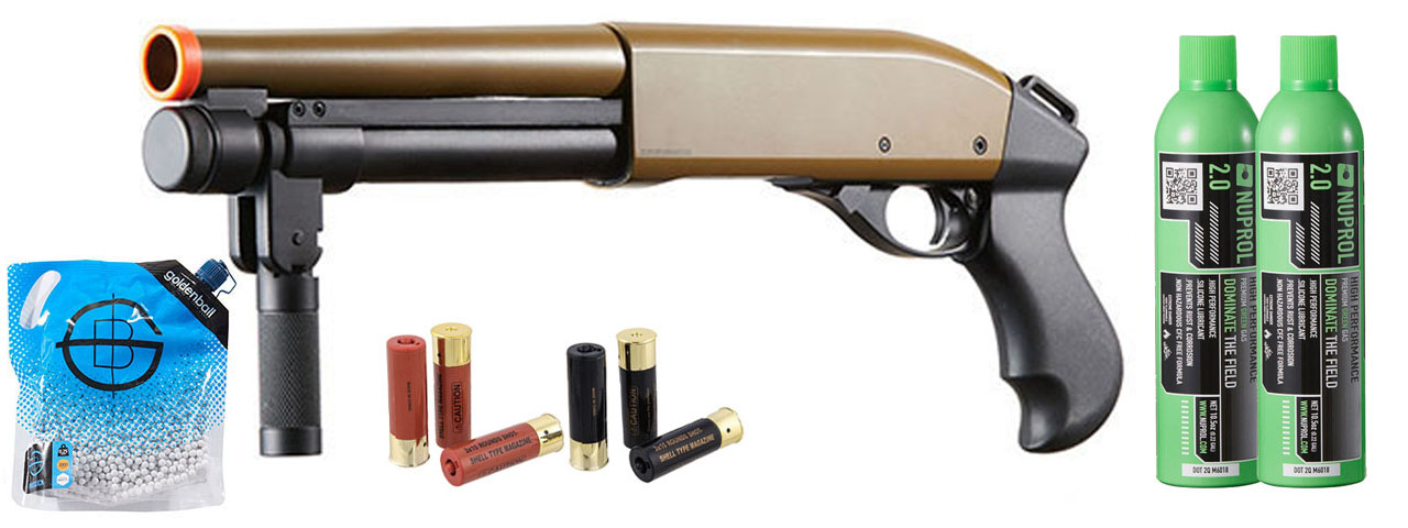 Golden Eagle M8876 3/6-Shot Pump Action Gas Airsoft Sawed-Off Shotgun w/ Forend Handle Shell/Green Gas Combo - (Tan)