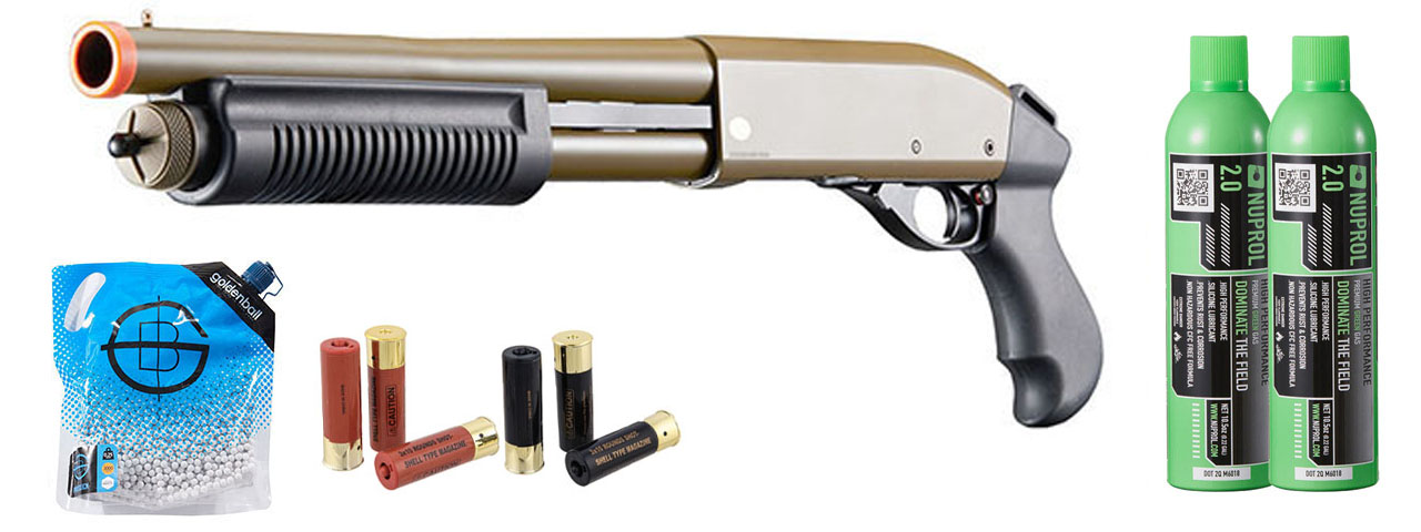 Golden Eagle M8881 3/6-Shot Pump Action Gas Airsoft Sawed-Off Shotgun Shell/Green Gas Combo - (Tan)