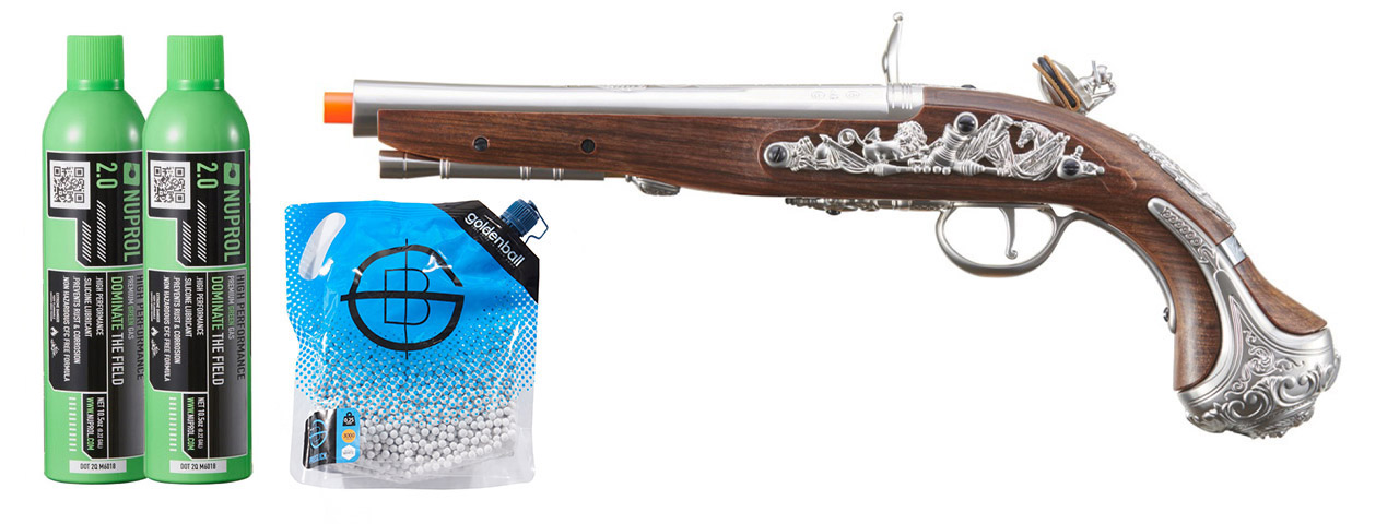 HFC George Washington Flintlock Airsoft Green Gas Powered Pistol - Green Gas Combo - (Silver)