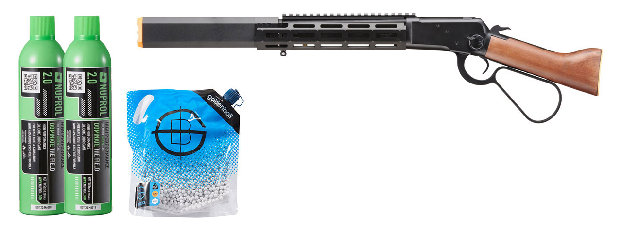 Atlas Custom Works M1873 "Mares Leg" Lever Action Airsoft Green Gas Rifle W/ M-LOK Rail And Suppressor - Green Gas Combo - (Black)