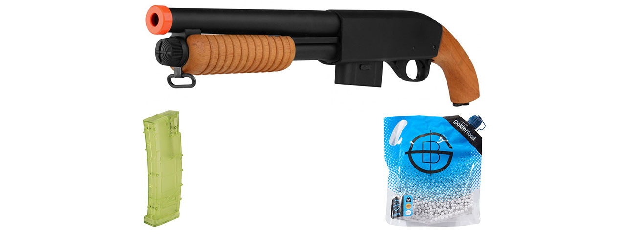 Atlas Custom Works 870 Pump Action Metal Airsoft Sawed-Off Shotgun Ammo Combo - REAL WOOD