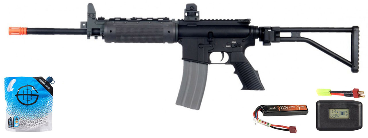 Atlas Custom Works M4 Gr-300 Long Version Airsoft Aeg Rifle W/ Folding Stock - Battery/Adapter/Charger Combo - (Black)
