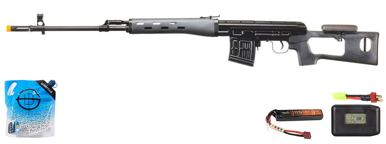 Atlas Custom Works Svd Dragunov Electric Airsoft Sniper Rifle W/ Sportsman Stock - Battery/Adapter/Charger Combo (Black)