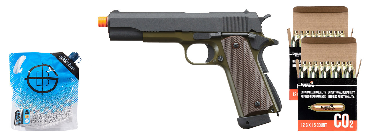 KJW Full Metal M1911-A1 CO2 Gas Blowback GBB Airsoft Pistol - CO2 Combo - (OD Green)