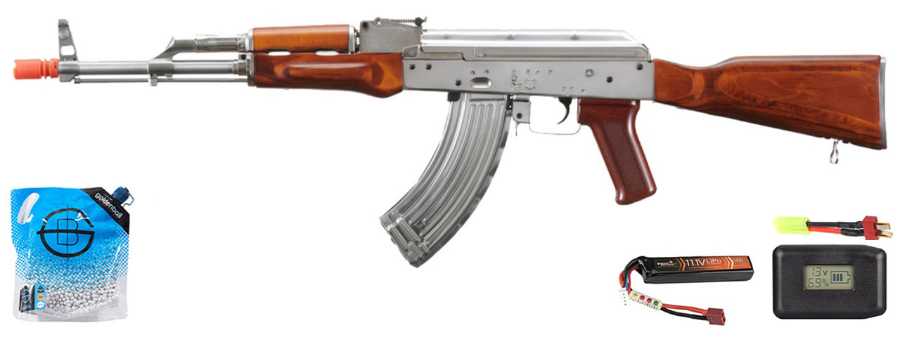 LCT AKM Stamped Steel Airsoft Aeg Rifle W/ Full Stock - Battery/Adapter/Charger Combo - (Silver & Wood)