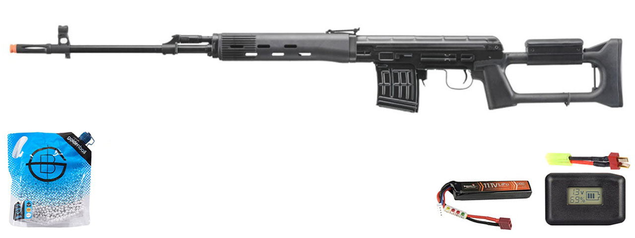 LCT SVD Dragunov Electric Airsoft Sniper Rifle - Battery/Adapter/Charger Combo - (Black)
