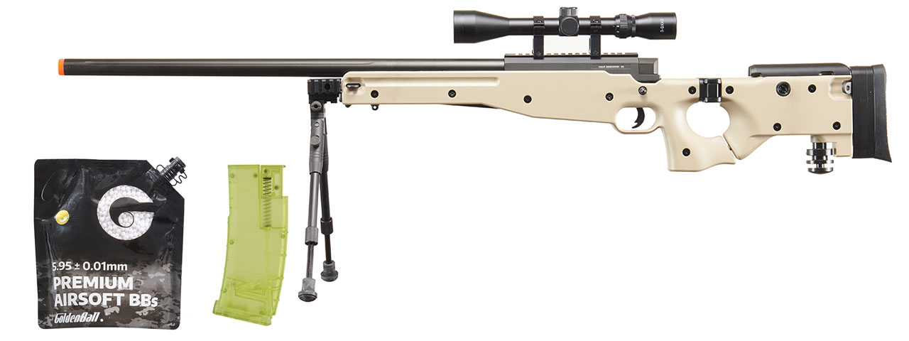 Well MB08TAB L96 AWP Bolt Action Rifle W/ folding Stock Bipod & Scope (Tan) - BB/Sniper Bundle