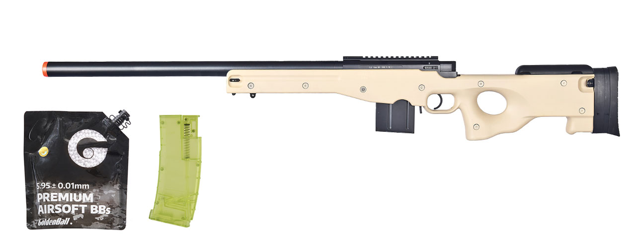 Well Airsoft L96 AWS Bolt Action Rifle Metal Barrel Optics Rail - (Tan) - BB/Sniper Bundle