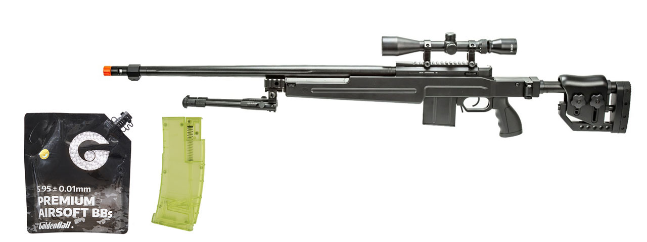 WellFire MB4415BAB Bolt Action Airsoft Sniper Rifle w/ Scope and Bipod (Black) - BB/Sniper Bundle
