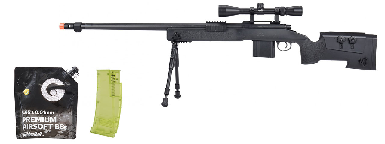 WellFire MB4416 M40A3 Bolt Action Sniper Rifle w/ Scope & Bipod - (Black) - BB/Sniper Bundle