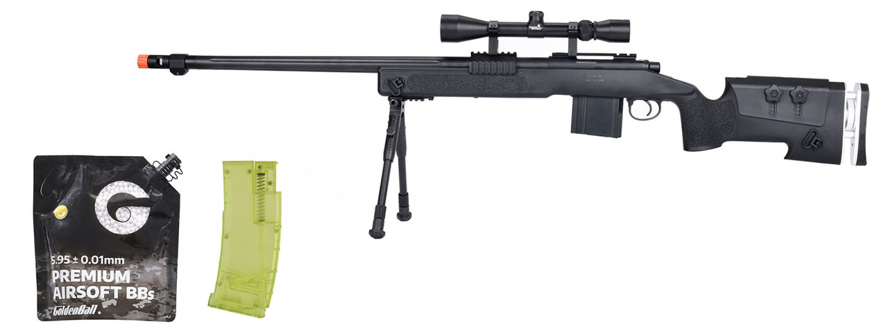 WellFire MB4417 M40A3 Bolt Action Airsoft Sniper Rifle w/ Scope & Bipod - (Black) - BB/Sniper Bundle