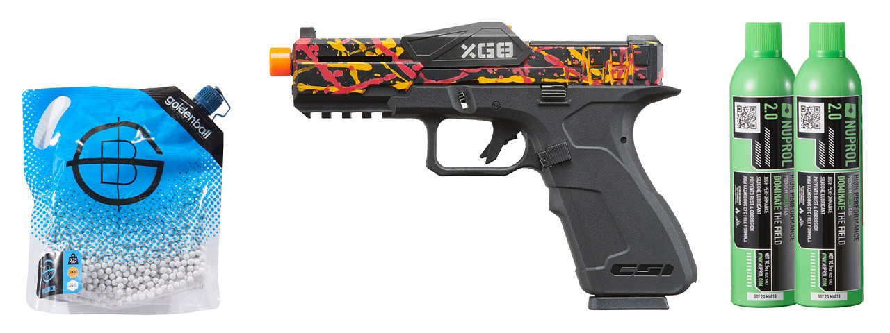 Poseidon CSI XG8 Gas Blow Back Aluminum Pistol - Green Gas Combo - (Red/orange/black Splash Anodized)
