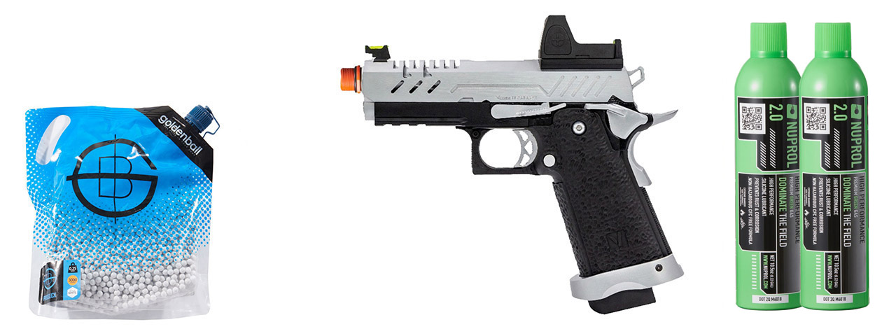Vorsk Hi-Capa 3.8 Pro GBB Pistol w/ Red Dot Sight - (Chrome/Black) Green Gas Combo