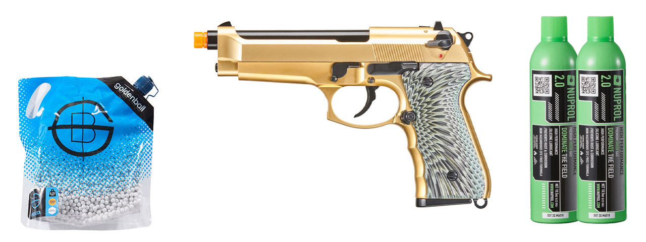 WE-Tech New System M92 Eagle Full Auto Airsoft Gas Blowback Pistol - (Gold) Green Gas Combo