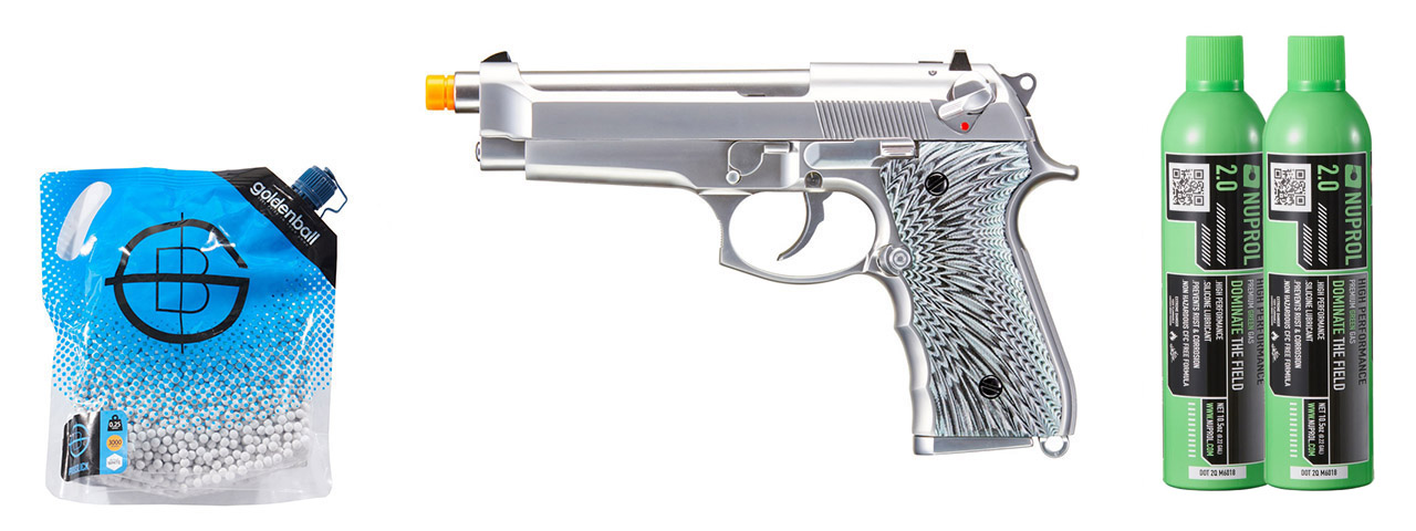 WE-Tech New System M92 Eagle Full Auto Airsoft Gas Blowback Pistol - (Silver) Green Gas Combo