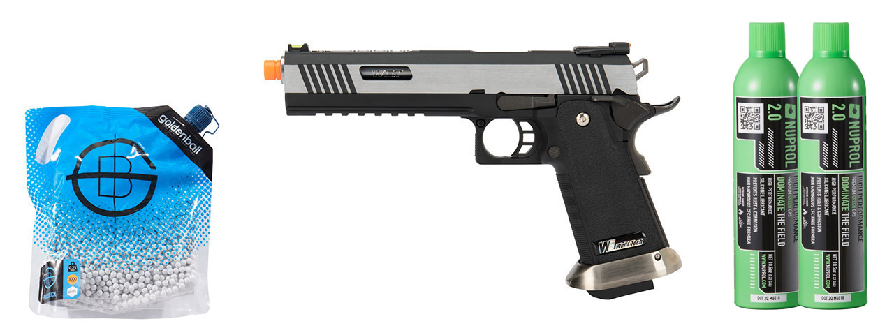 WE Tech 1911 Hi-Capa T-Rex Competition Gas Blowback Airsoft Pistol w/ Sight Mount & Top Ports - (2-Tone/Silver) Green Gas Combo