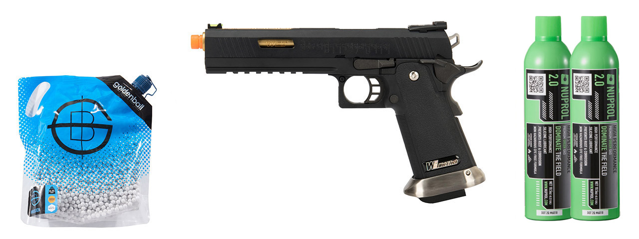 WE Tech 1911 Hi-Capa T-Rex Competition Gas Blowback Airsoft Pistol w/ Sight Mount & Top Ports - (Black/Gold) Green Gas Combo