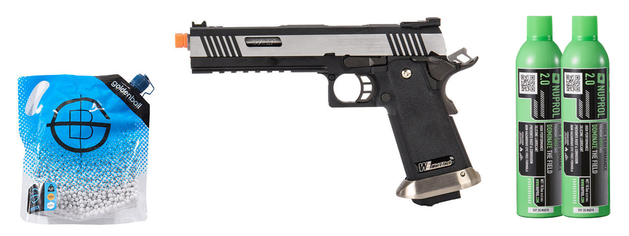 WE-Tech Hi-Capa 6" IREX Competition Full Auto Gas Blowback Airsoft Pistol - (Black/Silver) Green Gas Combo