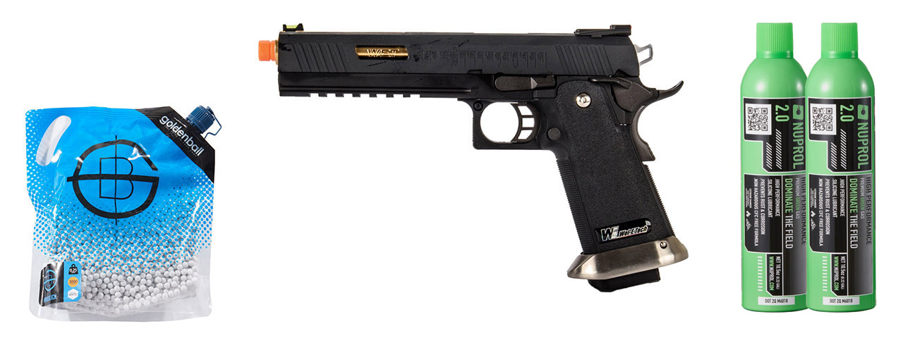 WE-Tech Hi-Capa 6" IREX Full Auto Competition Pistol - (Black/Gold Barrel/With Markings) Green Gas Combo