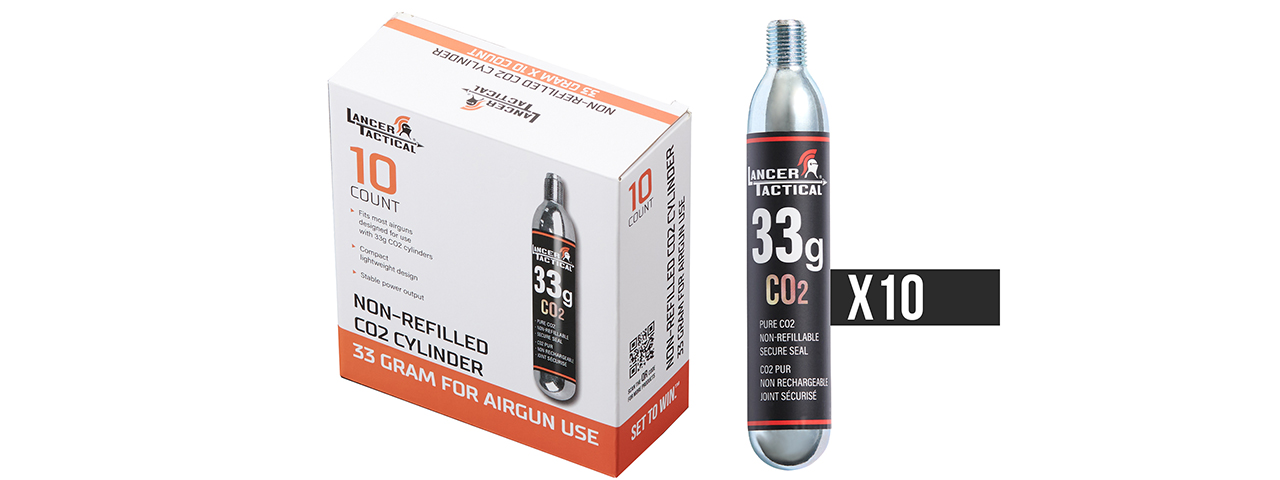 Lancer Tactical High Pressure 33 Gram CO2 Cartridges for Airsoft / Airguns - (Pack of 10)
