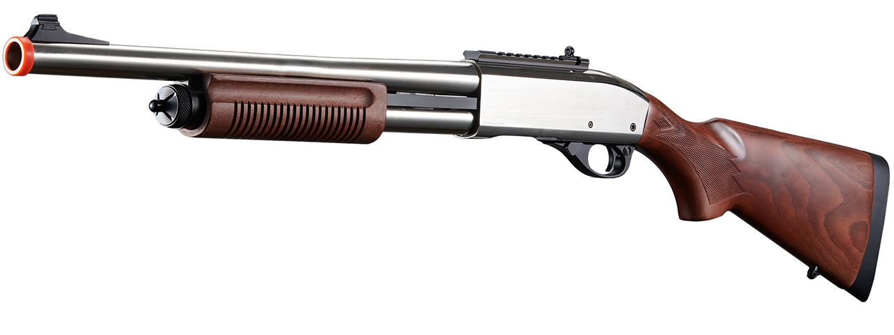 Golden Eagle M8870 3/6-Shot Pump Action Gas Airsoft Shotgun w/ Ghost Ring Iron Sights - (Silver/Wood)