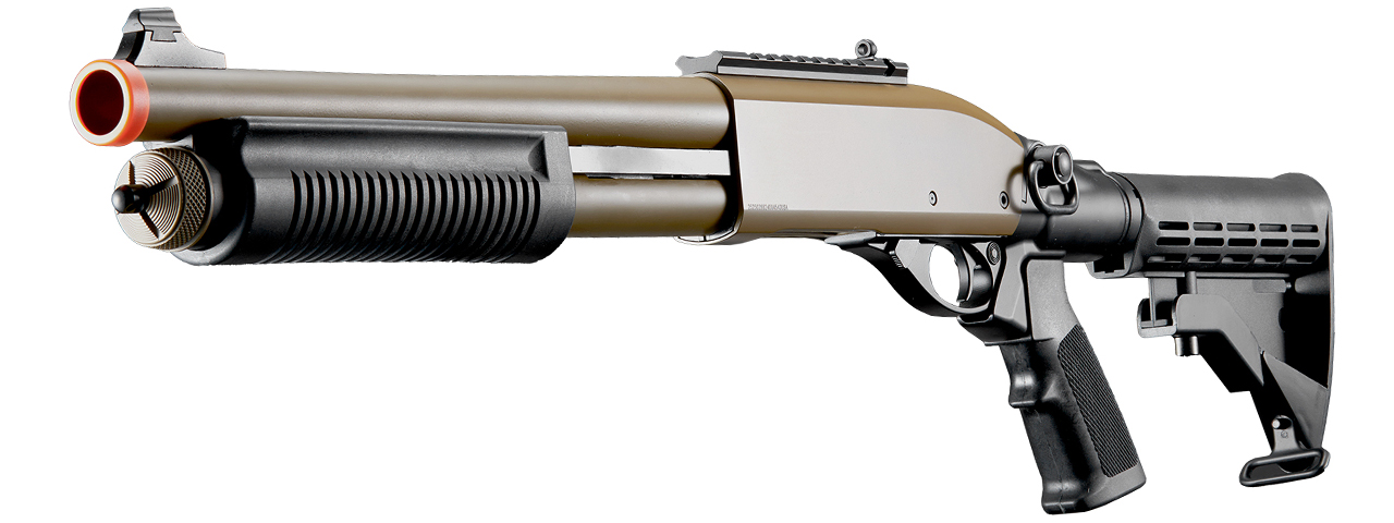 Golden Eagle M8871 3/6-Shot Pump Action CO2 Gas Airsoft Shotgun w/ Ghost Ring Iron Sights & M4 Crane Stock - (Tan)