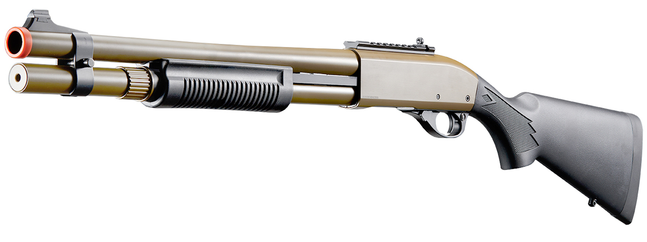 Golden Eagle M870 3/6-Shot Pump Action CO2 Airsoft Shotgun w/ Mock Shell Tube & Ghost Ring Iron Sights - (Tan)