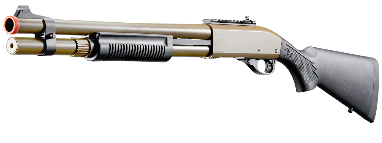 Golden Eagle M870 3/6-Shot Pump Action Gas Airsoft Shotgun w/ Mock Shell Tube & Ghost Ring Iron Sights - (Tan)