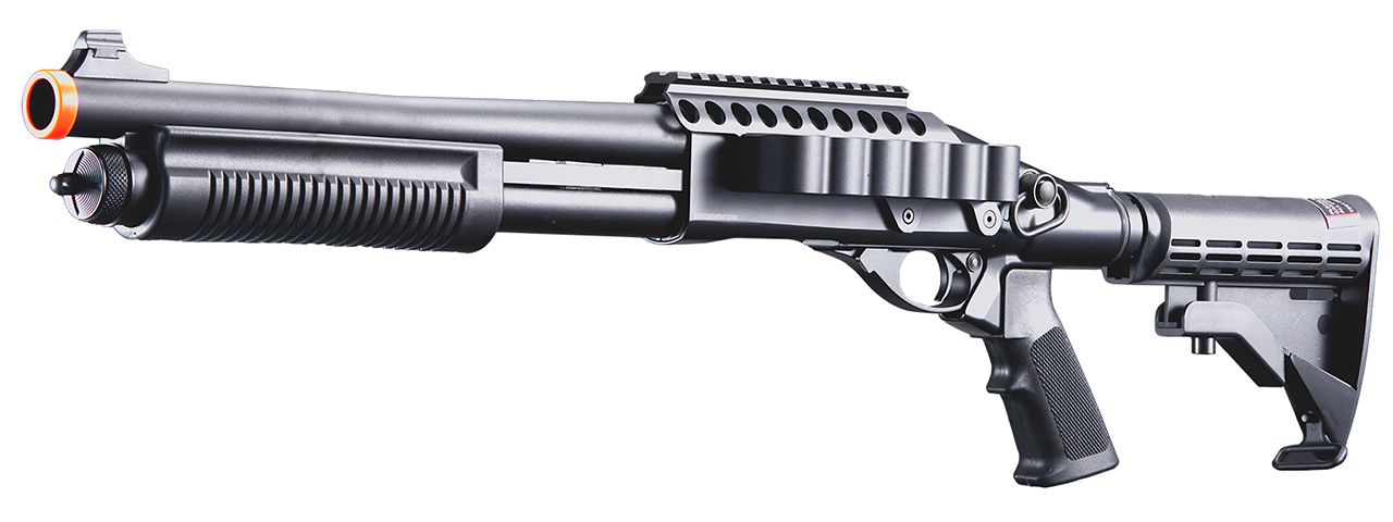 Golden Eagle M8873 3/6-Shot Pump Action CO2 Airsoft Shotgun w/ Optic Rail & M4 Crane Stock - (Black)