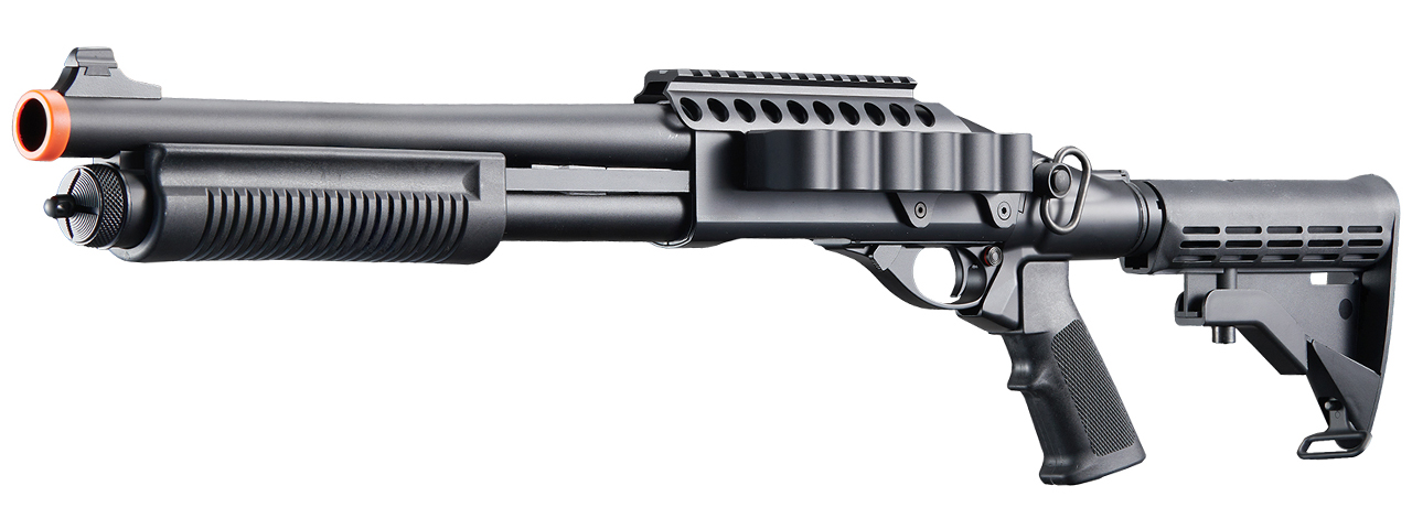 Golden Eagle M8873 3/6-Shot Pump Action Gas Airsoft Shotgun w/ Optic Rail & M4 Crane Stock - (Black)