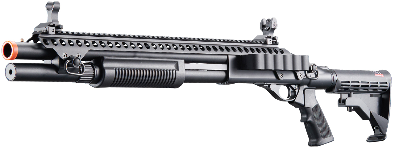 Golden Eagle M8874 3/6-Shot Pump Action CO2 Airsoft Shotgun w/ Flip Up Sights, Picatinny Rail & M4 Crane Stock - (Black)