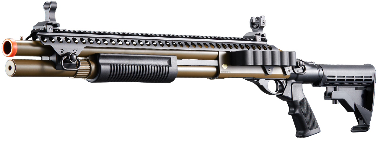 Golden Eagle M8874 3/6-Shot Pump Action CO2 Airsoft Shotgun w/ Flip Up Sights, Picatinny Rail & M4 Crane Stock - (Tan)