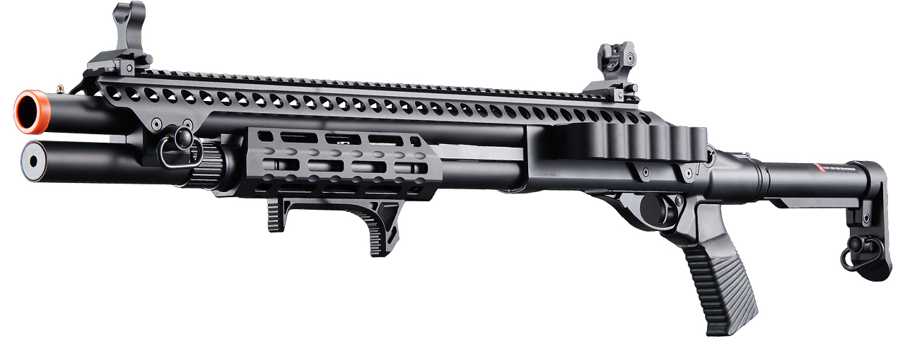 Golden Eagle M8875 3/6-Shot Pump Action CO2 Airsoft Shotgun w/ Flip Up Sights, M-LOK, Picatinny Rail & M4 Buffer Stock - (Black)