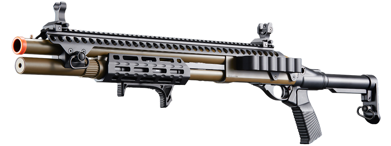 Golden Eagle M8875 3/6-Shot Pump Action CO2 Airsoft Shotgun w/ Flip Up Sights, M-LOK, Picatinny Rail & M4 Buffer Stock - (Tan)